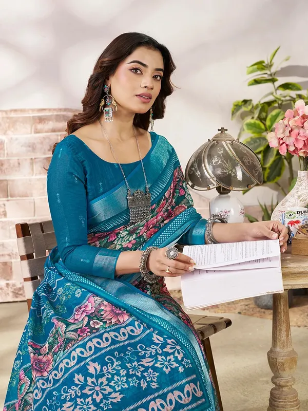 Blue Linen Cotton Floral Printed Saree With Contrast Border