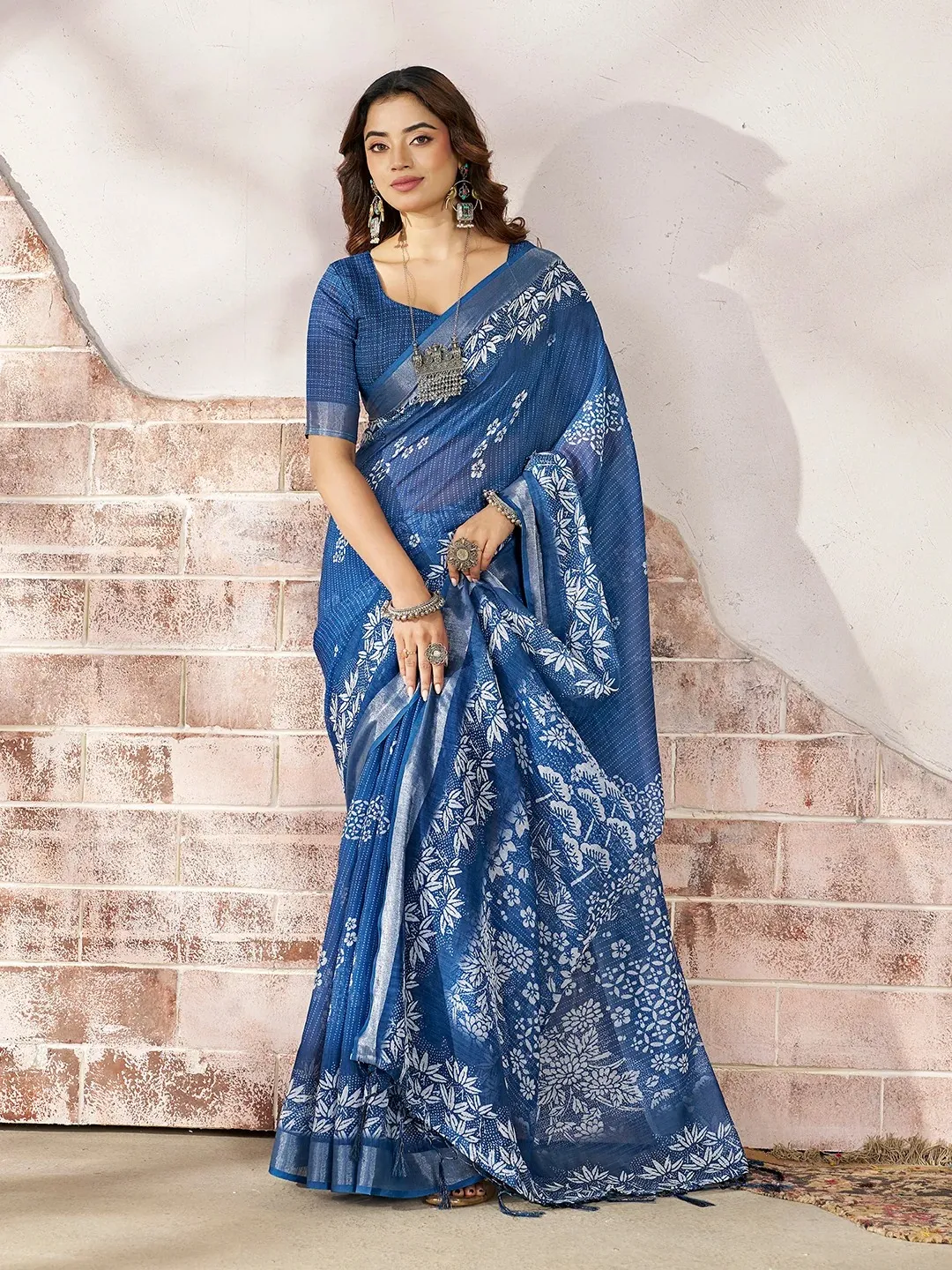 a Royal Blue Floral Linen Cotton Saree Online | Varnavi