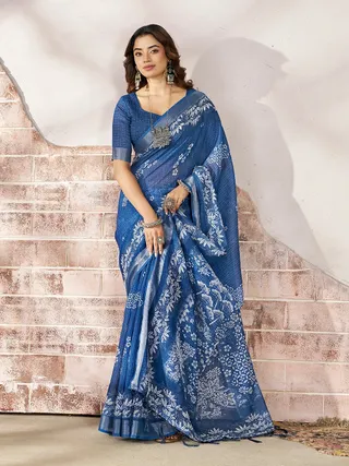 a Royal Blue Floral Linen Cotton Saree Online | Varnavi