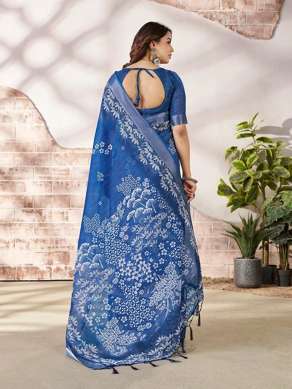 a Royal Blue Floral Linen Cotton Saree Online | Varnavi