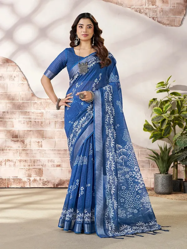 a Royal Blue Floral Linen Cotton Saree Online | Varnavi