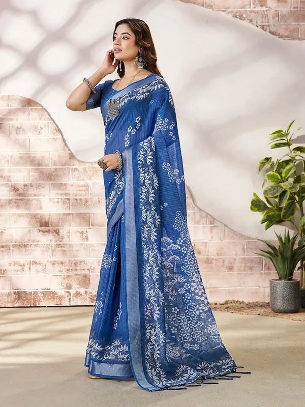 a Royal Blue Floral Linen Cotton Saree Online | Varnavi