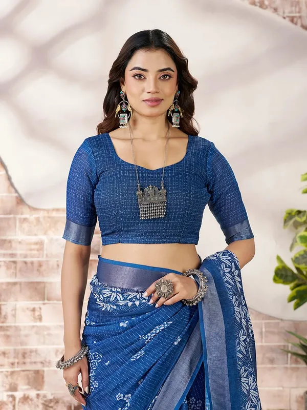 a Royal Blue Floral Linen Cotton Saree Online | Varnavi