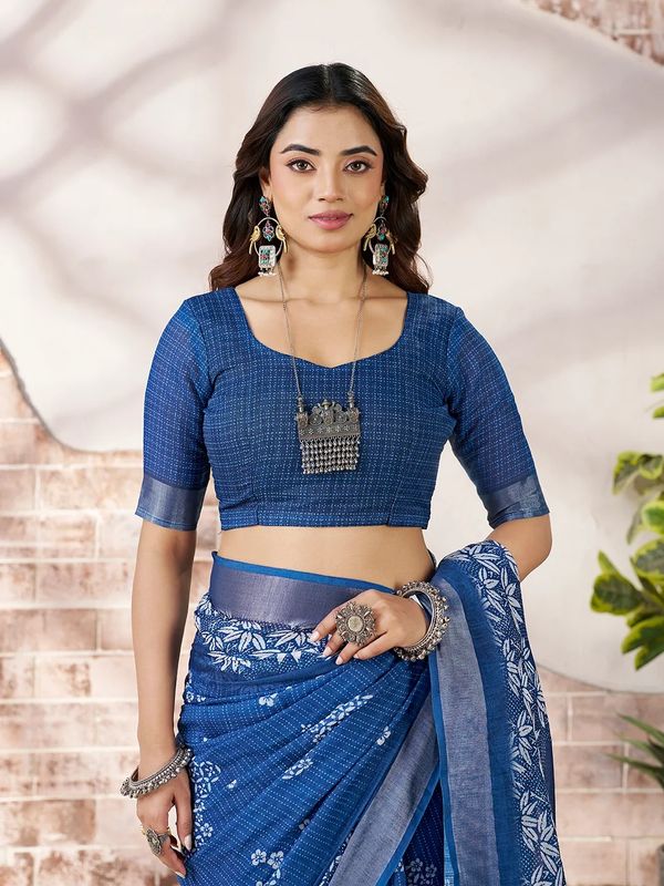 a Royal Blue Floral Linen Cotton Saree Online | Varnavi