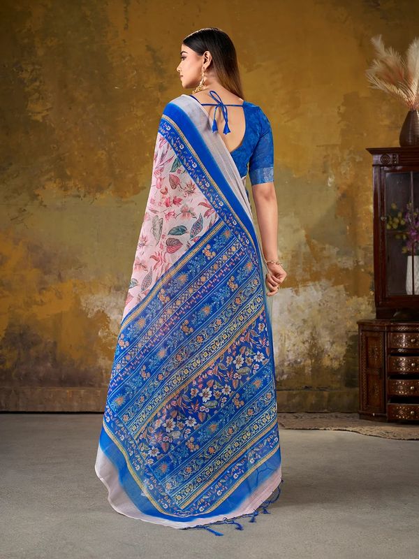 VARNAVI Pink Floral Printed Linen Cotton Saree With Blue Border