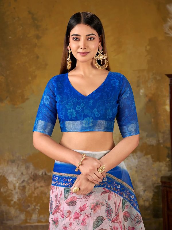 VARNAVI Pink Floral Printed Linen Cotton Saree With Blue Border