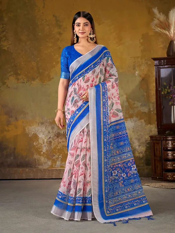 VARNAVI Pink Floral Printed Linen Cotton Saree With Blue Border