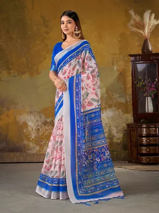 VARNAVI Pink Floral Printed Linen Cotton Saree With Blue Border