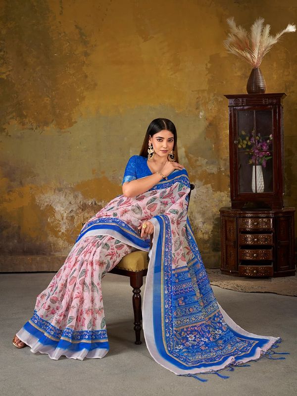 VARNAVI Pink Floral Printed Linen Cotton Saree With Blue Border