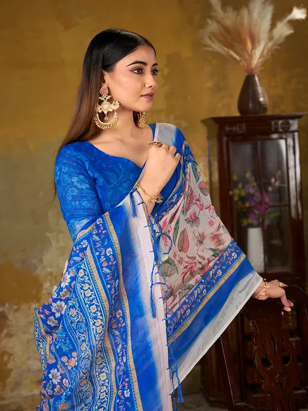 VARNAVI Pink Floral Printed Linen Cotton Saree With Blue Border