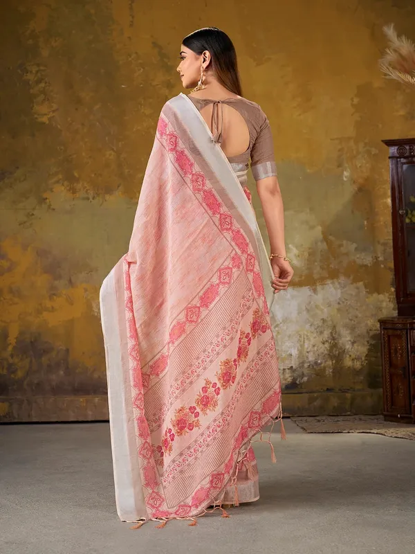 VARNAVI Peach Linen Cotton Floral Saree with Border Tassels
