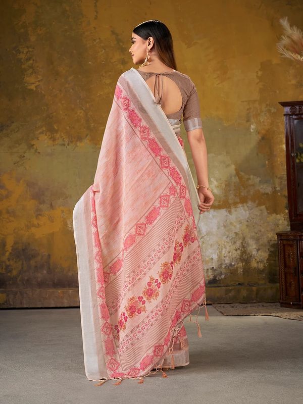VARNAVI Peach Linen Cotton Floral Saree with Border Tassels