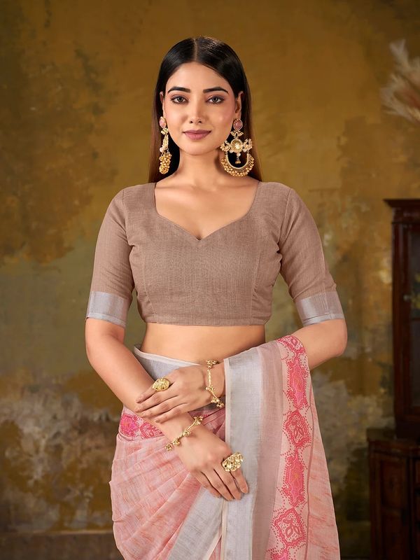 VARNAVI Peach Linen Cotton Floral Saree with Border Tassels