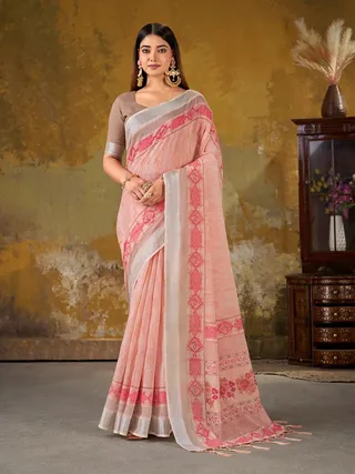 VARNAVI Peach Linen Cotton Floral Saree with Border Tassels