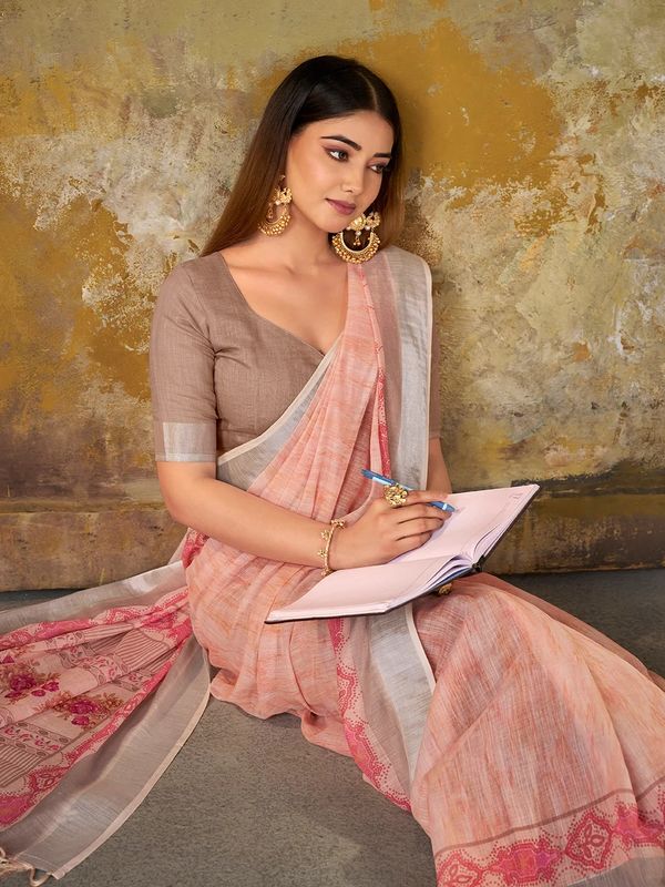 VARNAVI Peach Linen Cotton Floral Saree with Border Tassels