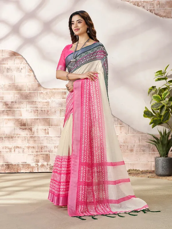VARNAVI Cream Linen Cotton Printed Saree with Pink Border