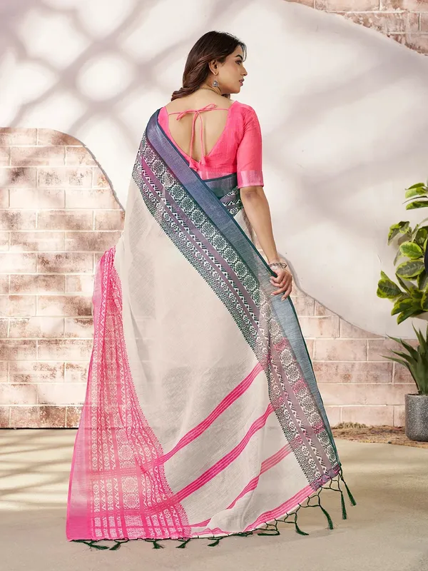 VARNAVI Cream Linen Cotton Printed Saree with Pink Border
