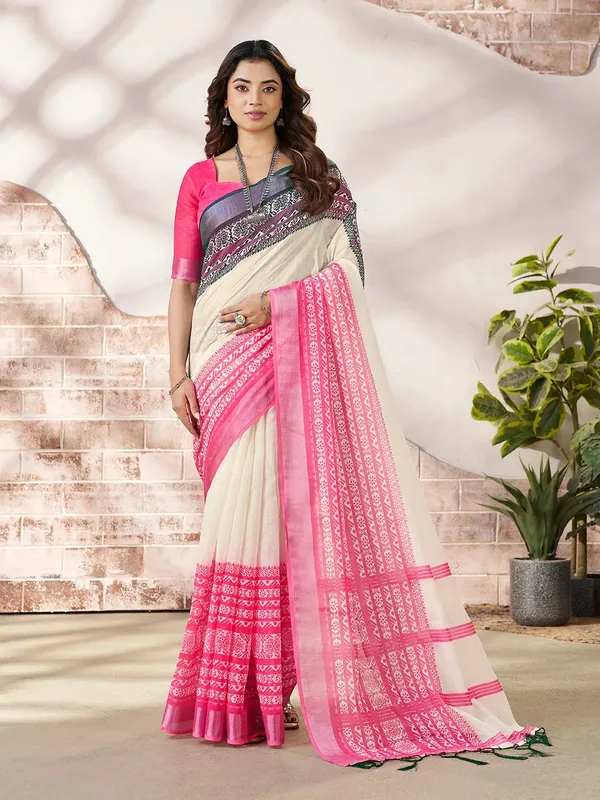 VARNAVI Cream Linen Cotton Printed Saree with Pink Border