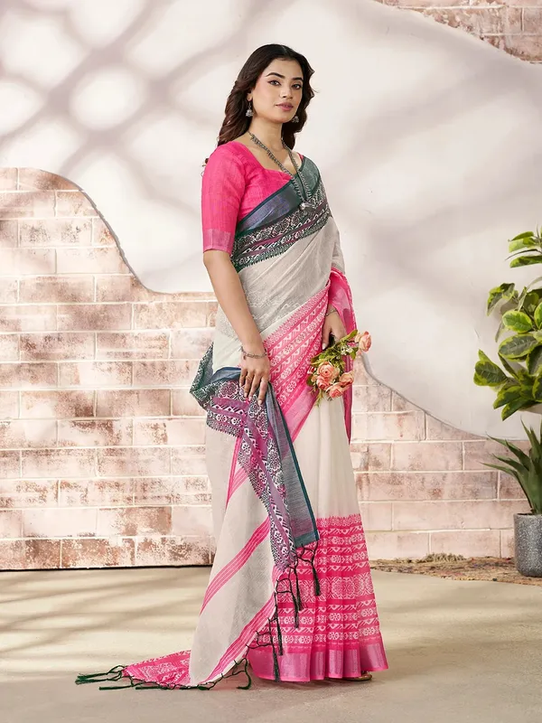 VARNAVI Cream Linen Cotton Printed Saree with Pink Border