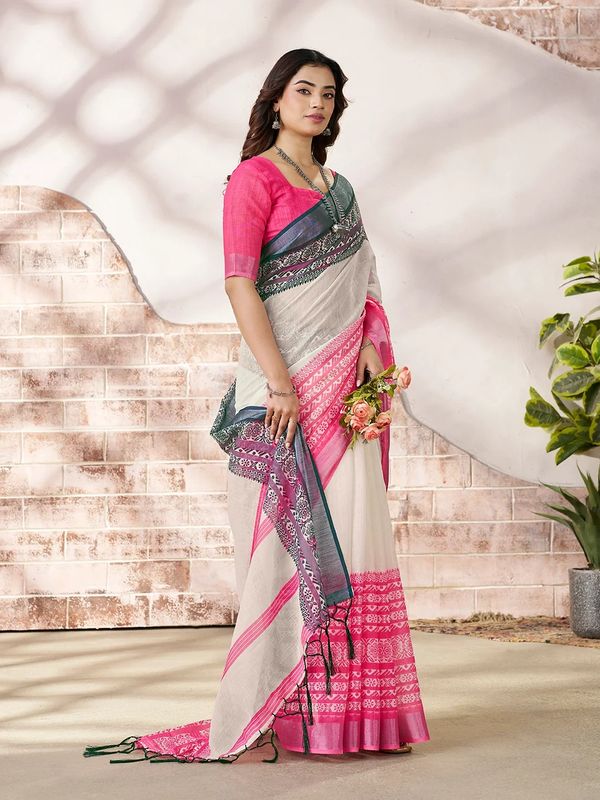 VARNAVI Cream Linen Cotton Printed Saree with Pink Border