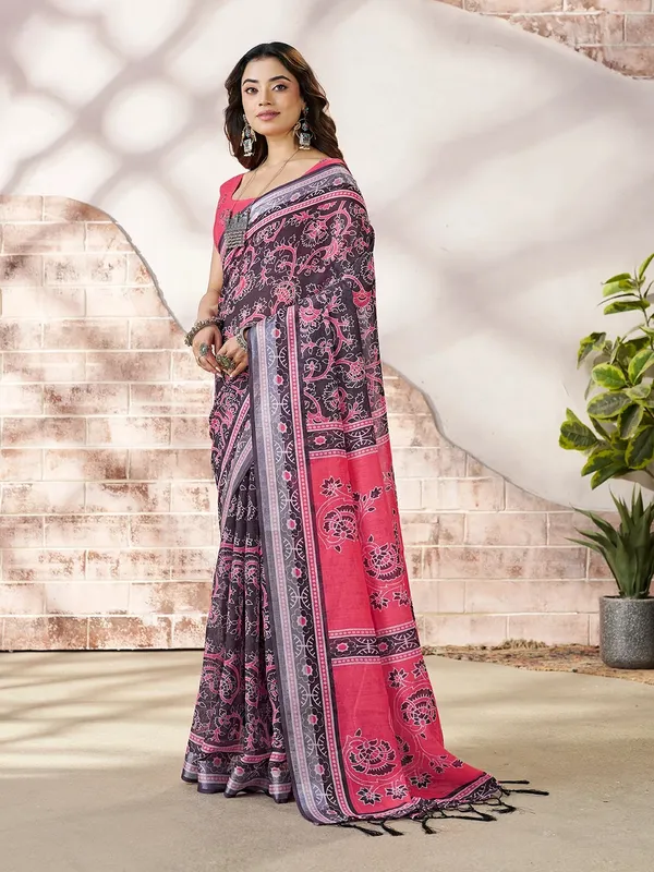 Pink Floral Linen Cotton Saree with Contrast Border