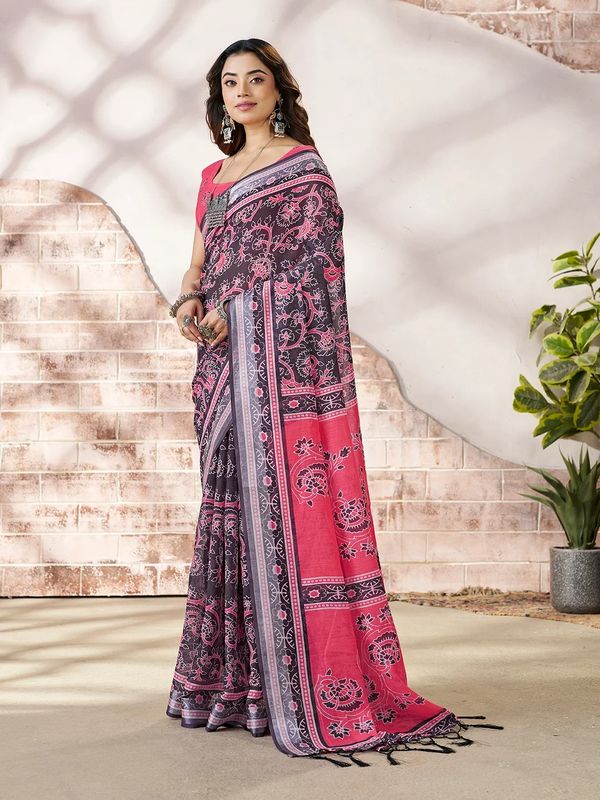 Pink Floral Linen Cotton Saree with Contrast Border