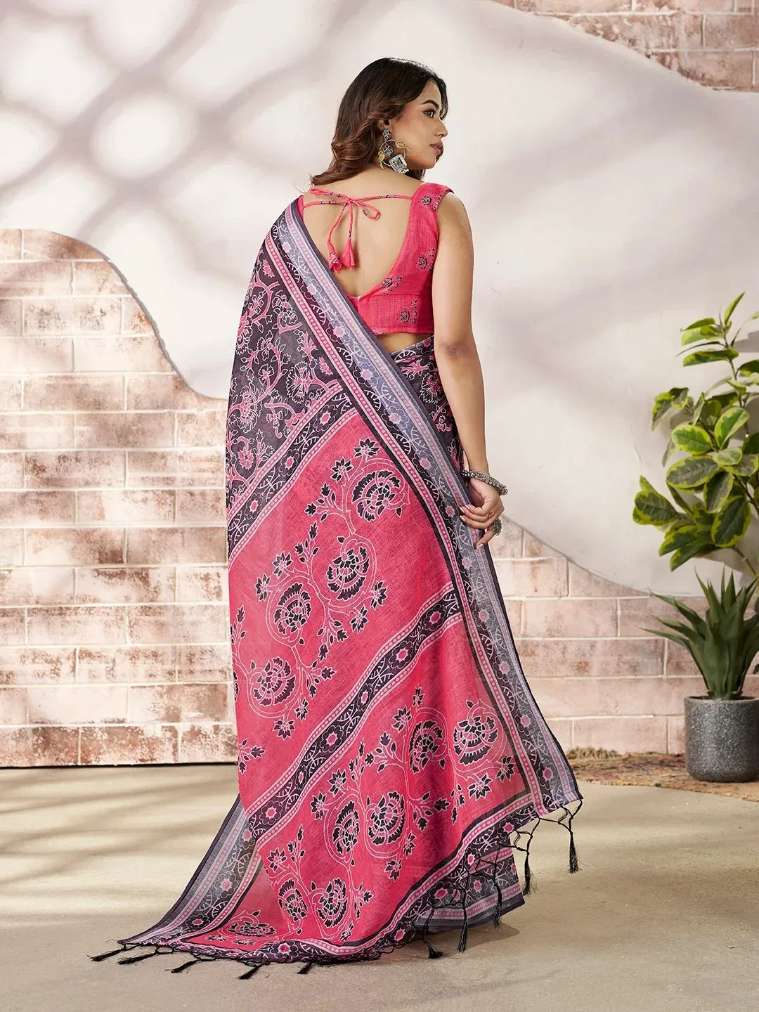 Pink Floral Linen Cotton Saree with Contrast Border