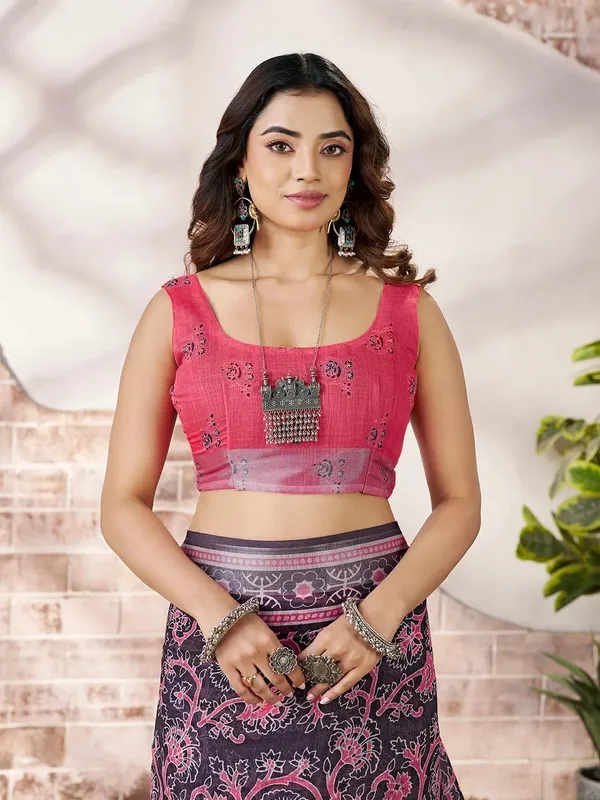 Pink Floral Linen Cotton Saree with Contrast Border