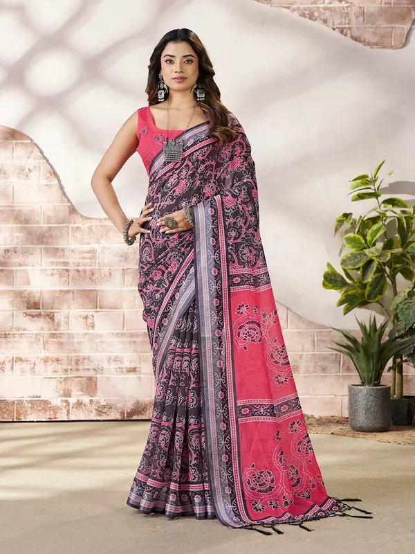 Pink Floral Linen Cotton Saree with Contrast Border