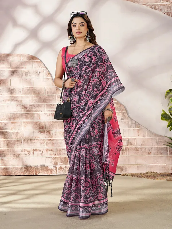 Pink Floral Linen Cotton Saree with Contrast Border