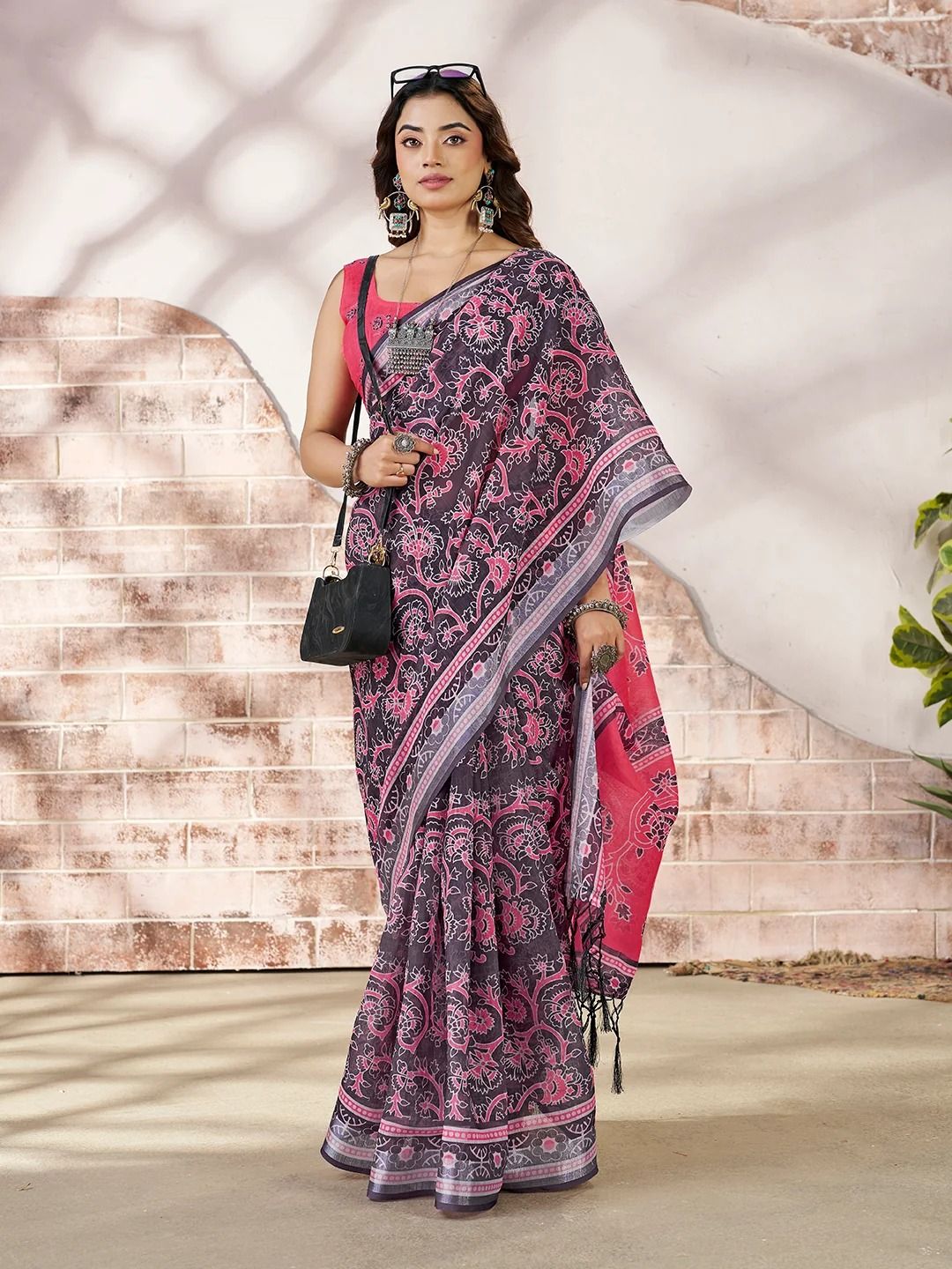 Pink Floral Linen Cotton Saree with Contrast Border