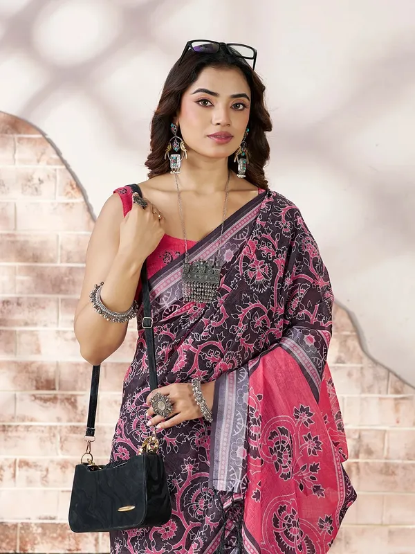 Pink Floral Linen Cotton Saree with Contrast Border