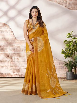 VARNAVI Mustard Linen Cotton Floral Printed Saree