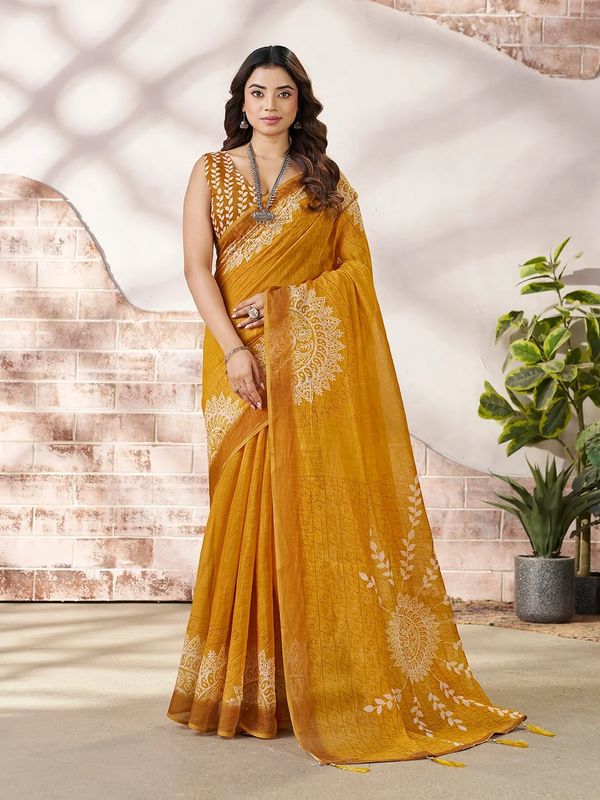 VARNAVI Mustard Linen Cotton Floral Printed Saree