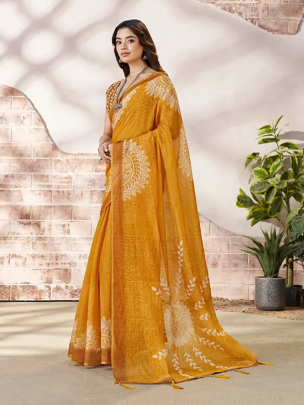 VARNAVI Mustard Linen Cotton Floral Printed Saree
