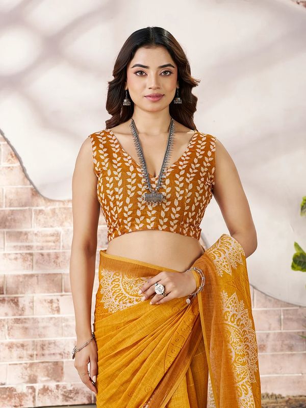 VARNAVI Mustard Linen Cotton Floral Printed Saree