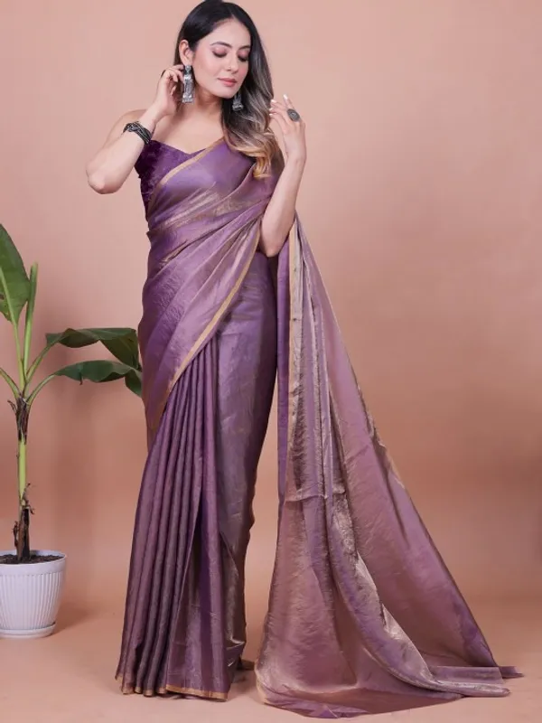 Purple Fandy Shimmer Solid Saree With Blouse by VARNAVI