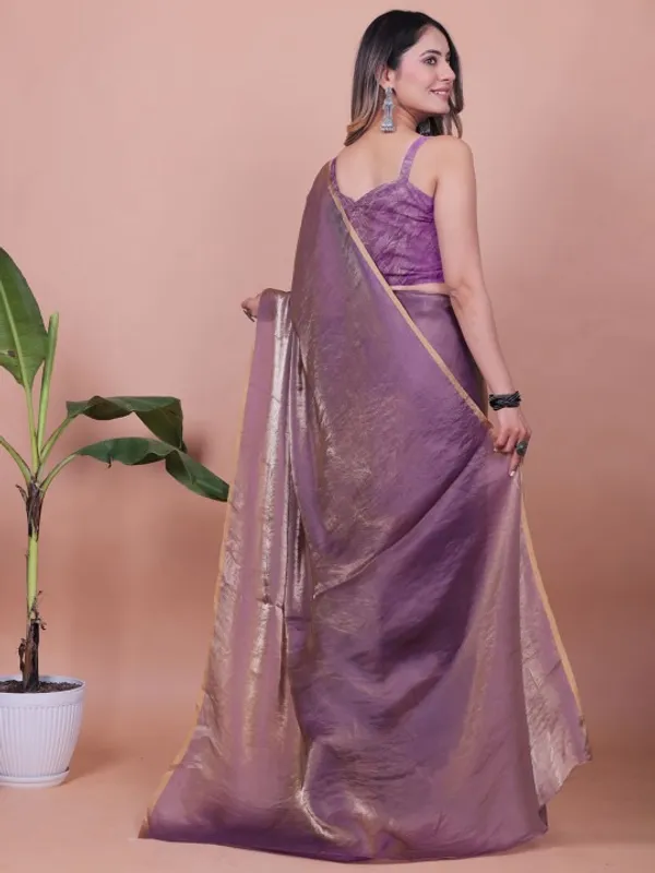 Purple Fandy Shimmer Solid Saree With Blouse by VARNAVI