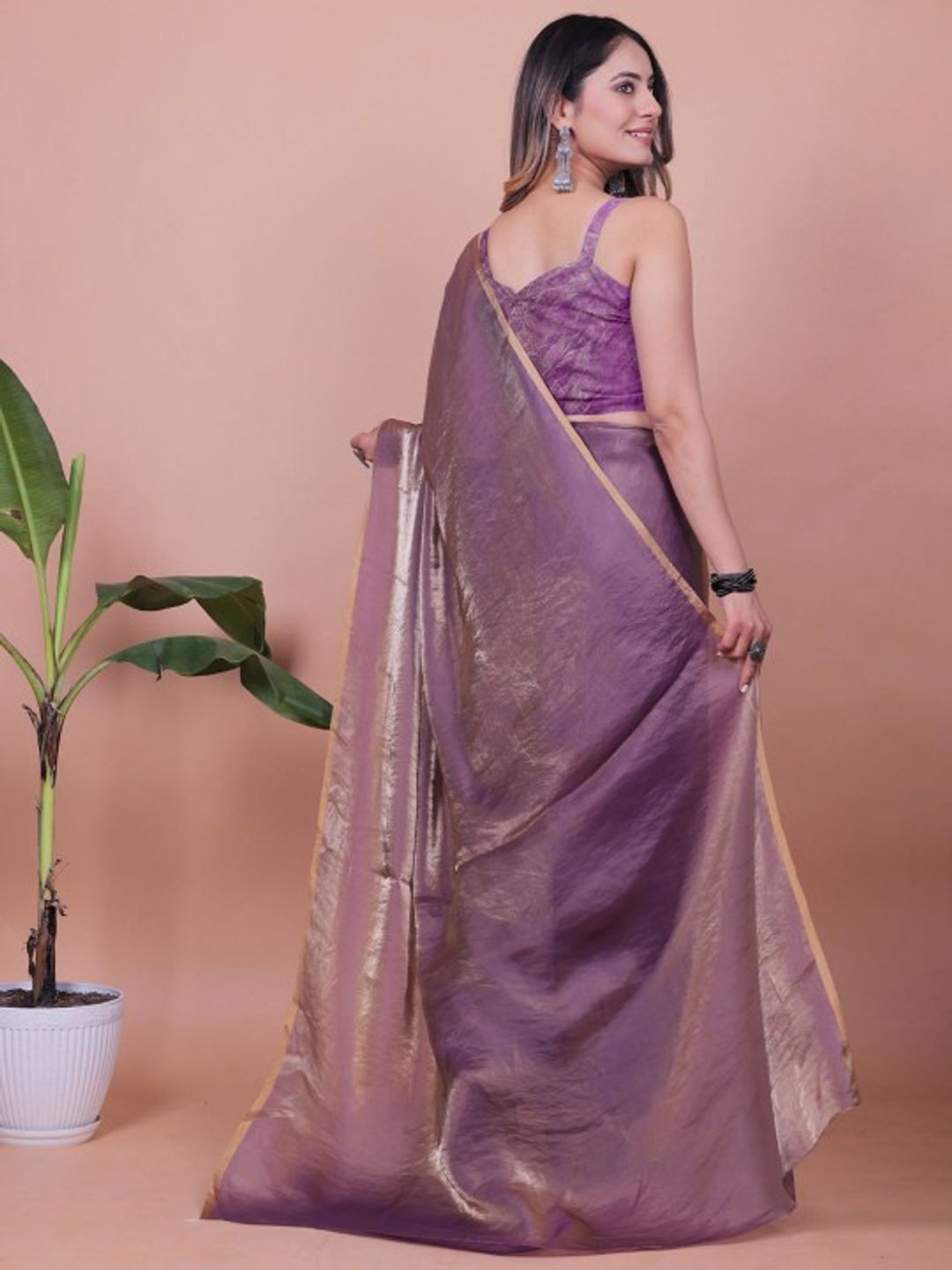 Purple Fandy Shimmer Solid Saree With Blouse by VARNAVI