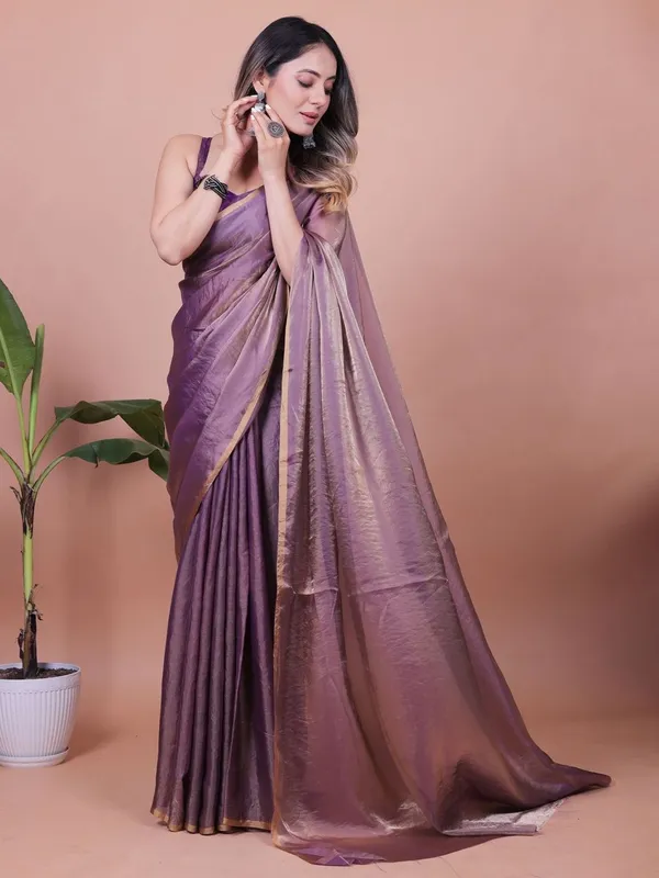Purple Fandy Shimmer Solid Saree With Blouse by VARNAVI