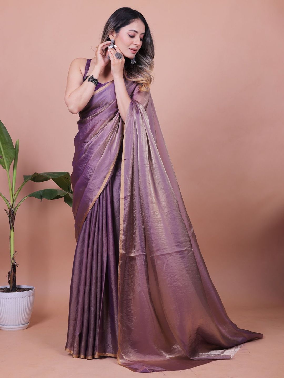 Purple Fandy Shimmer Solid Saree With Blouse by VARNAVI