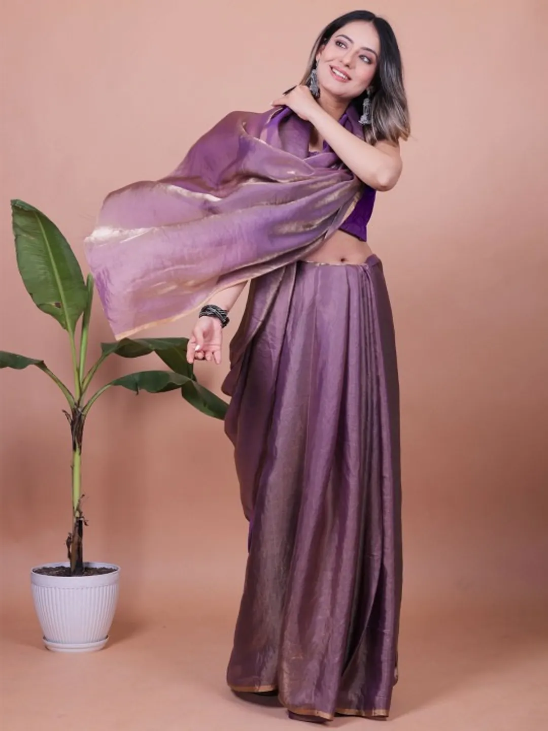 Purple Fandy Shimmer Solid Saree With Blouse by VARNAVI