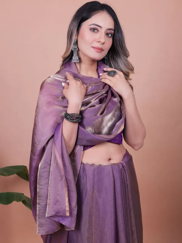 Purple Fandy Shimmer Solid Saree With Blouse by VARNAVI