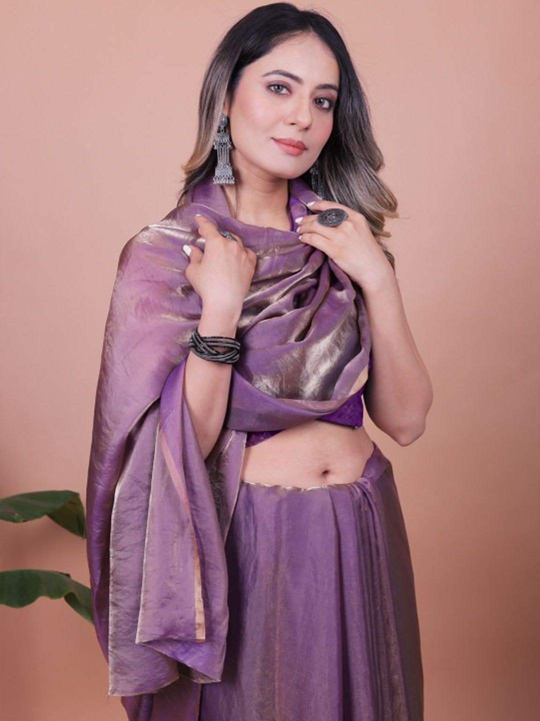 Purple Fandy Shimmer Solid Saree With Blouse by VARNAVI
