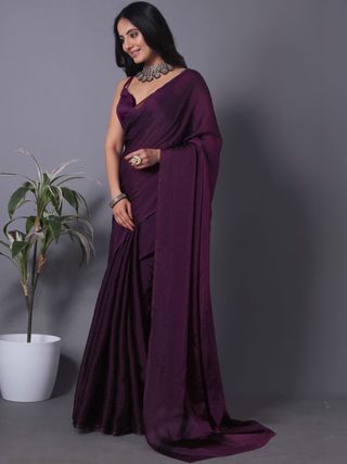 Wine Fandy Solid Saree With Blouse For Women by VARNAVI
