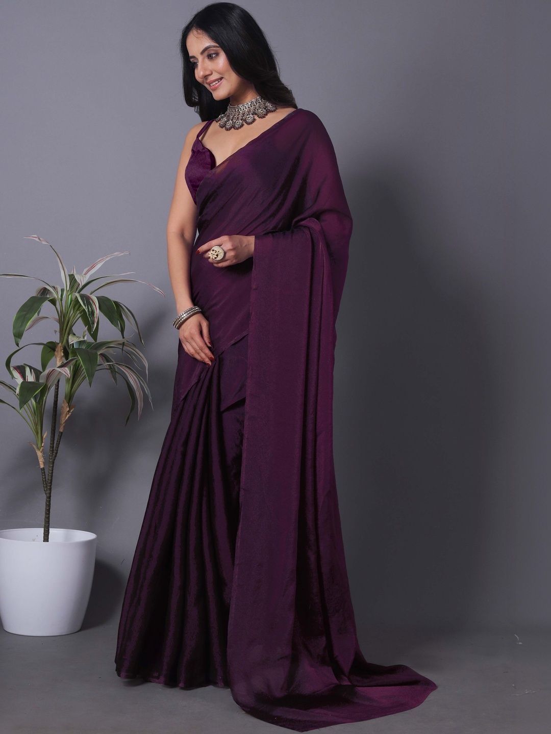 Wine Fandy Solid Saree With Blouse For Women by VARNAVI