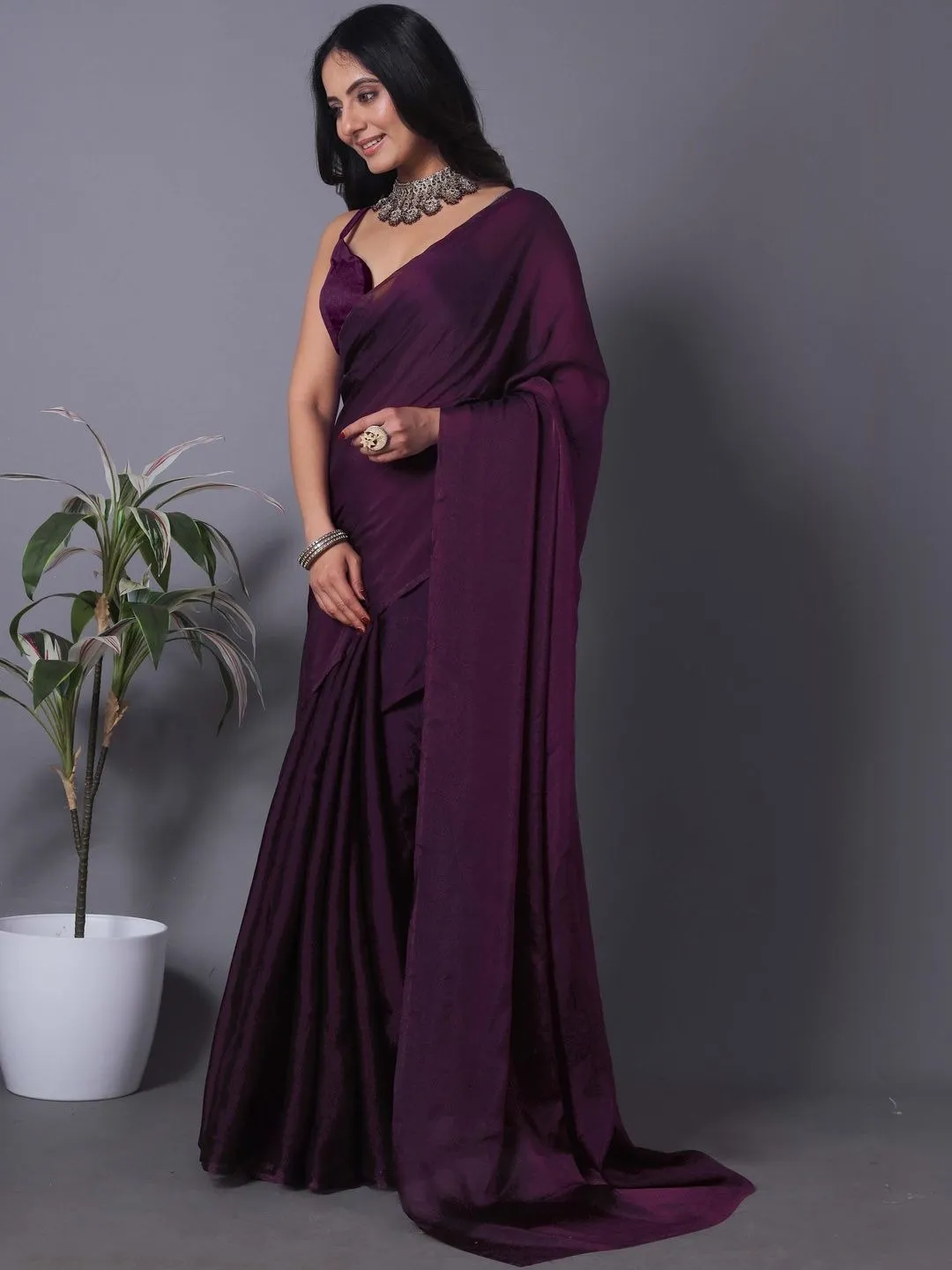 Wine Fandy Solid Saree With Blouse For Women by VARNAVI