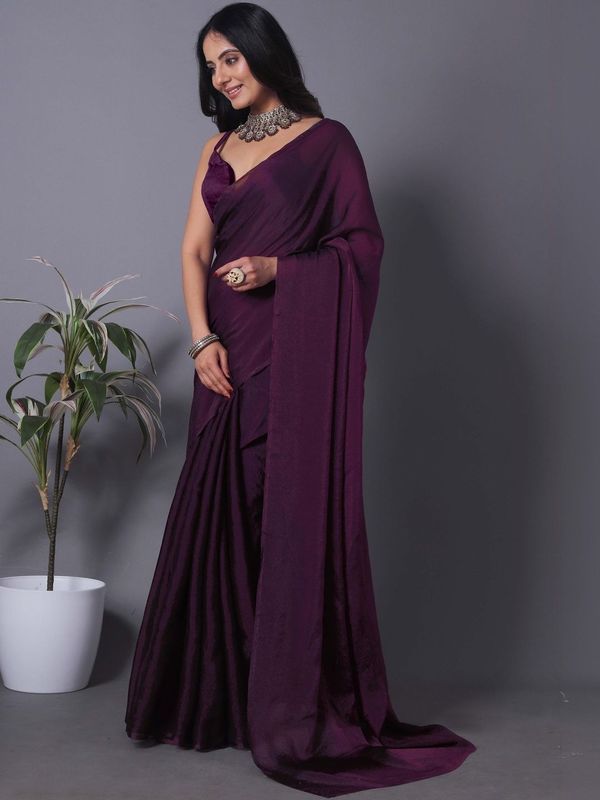 Wine Fandy Solid Saree With Blouse For Women by VARNAVI