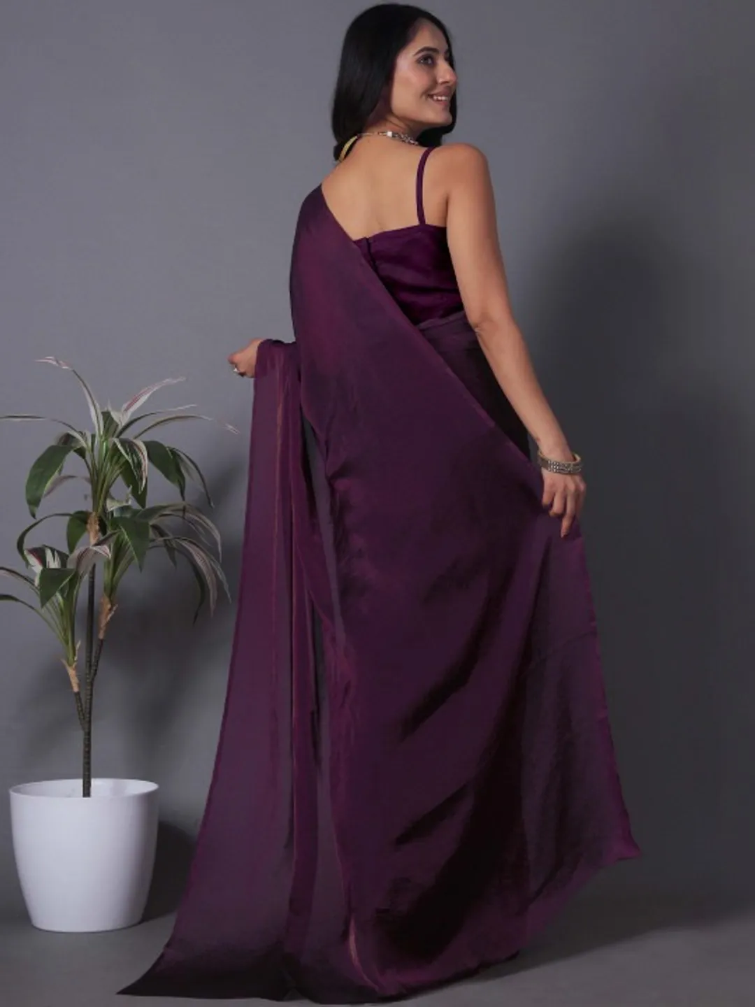 Wine Fandy Solid Saree With Blouse For Women by VARNAVI