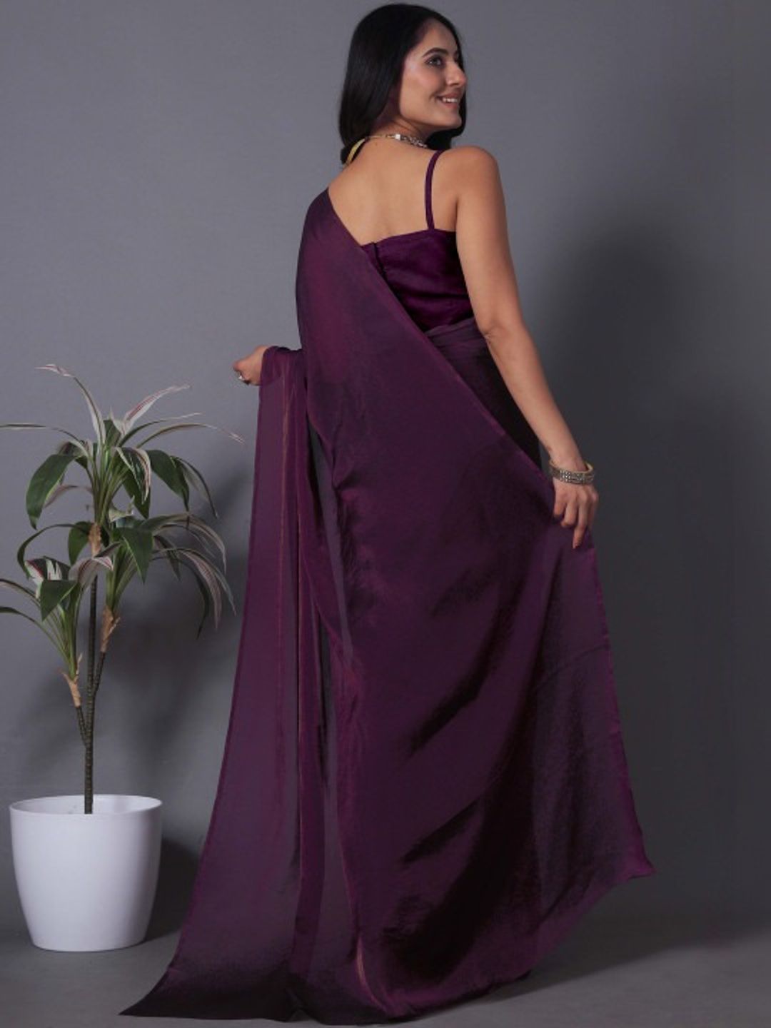 Wine Fandy Solid Saree With Blouse For Women by VARNAVI